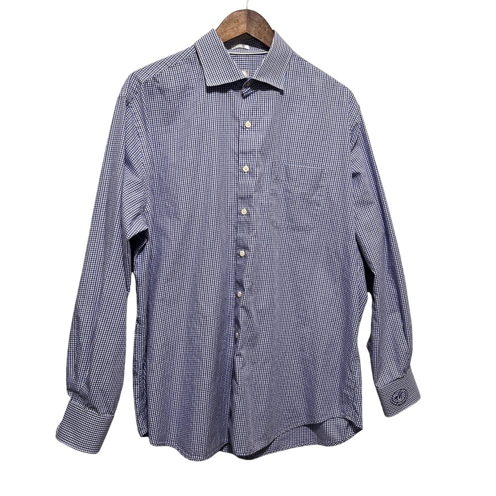 Peter Millar Crown Crafted L Gingham Check Shirt Blue Purple Cotton Preppy Dress